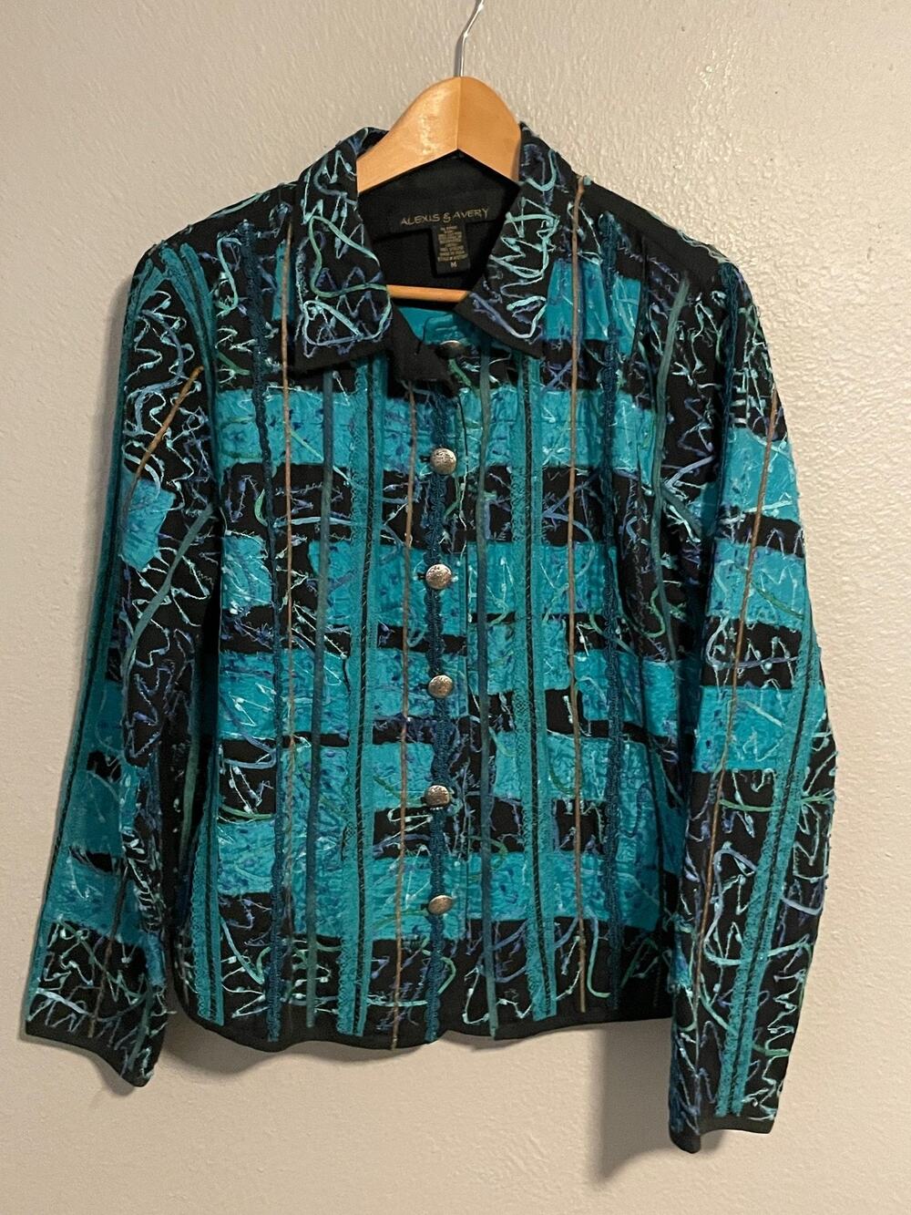 Alexis & Avery Jacket Womens Medium Blue Geometric Embroidered Lace Boho Artsy
